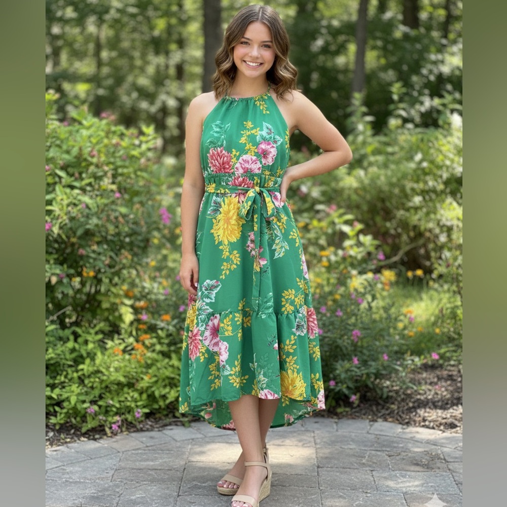 The Children’s Place High Low Halter Floral Green Size M 7/8 Girls